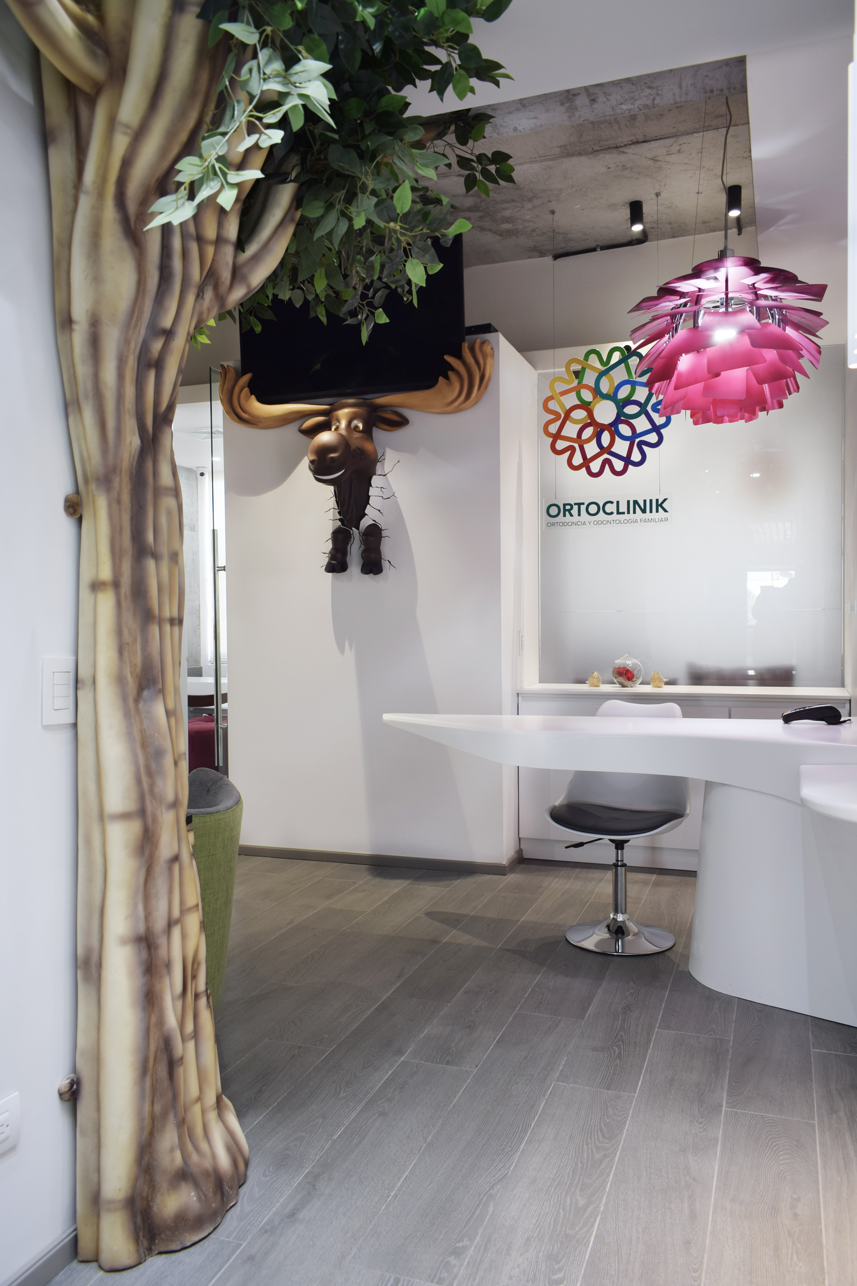 Recepción minimalista con árbol - Diseño de clínicas en Guatemala