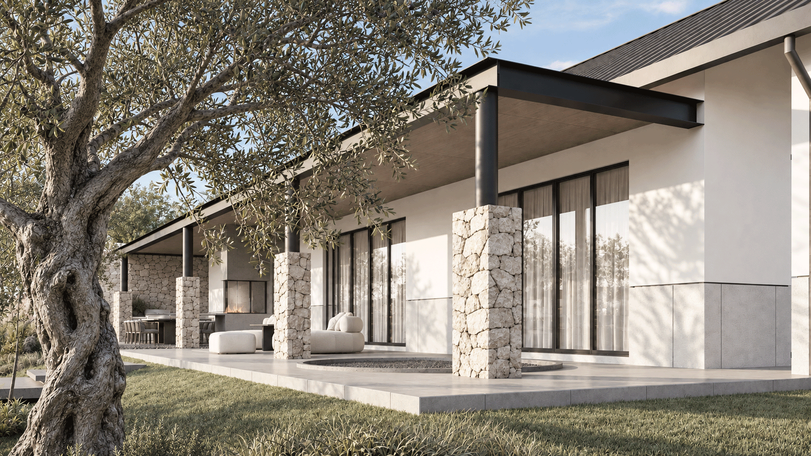 Arquitectura residencial con cubierta a dos aguas e integración paisajística