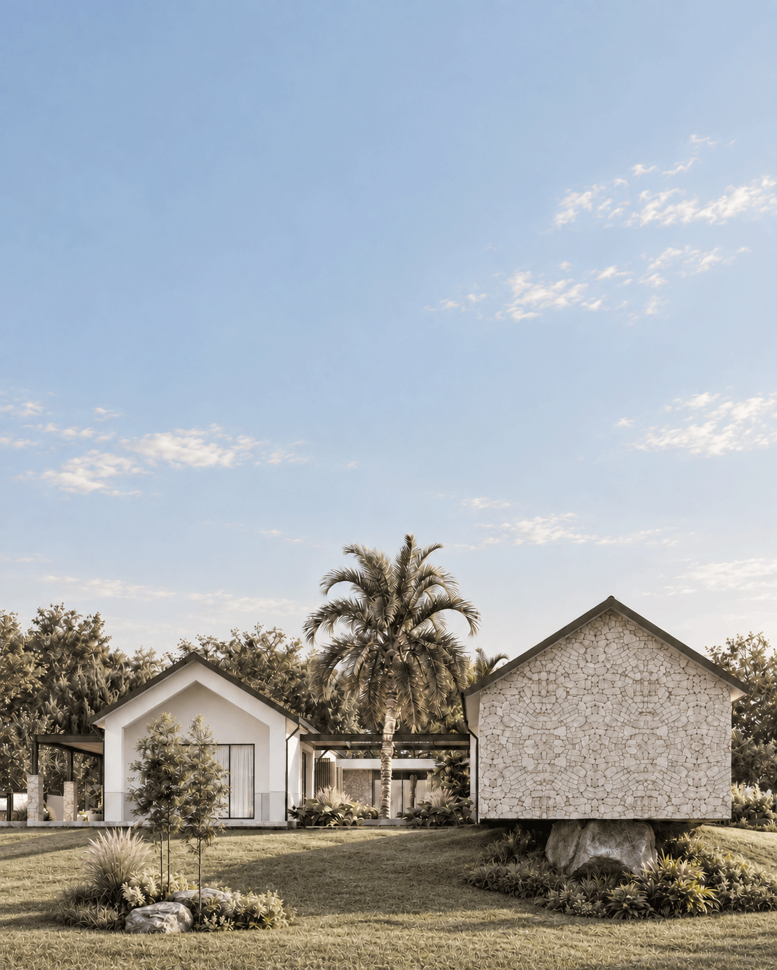 Fachada posterior de casa de campo con ventanales y celosías de madera